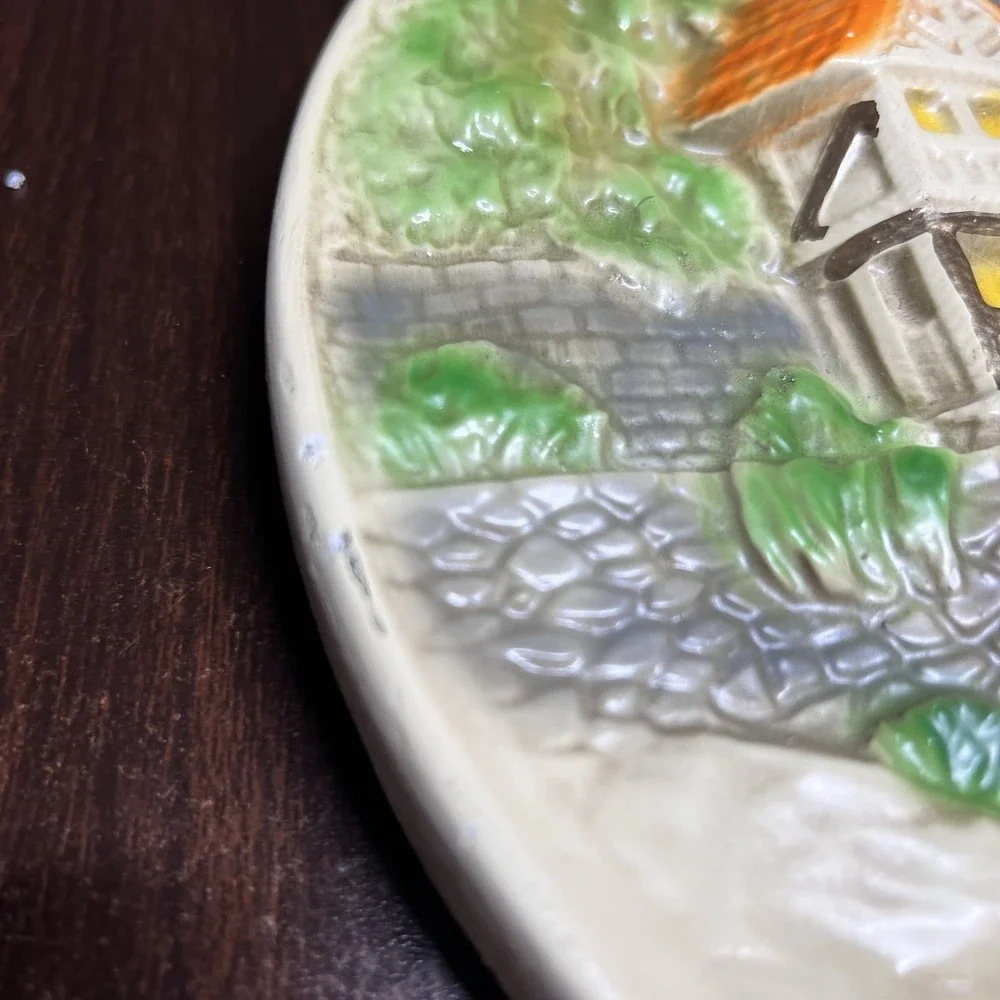 Vintage Chalkware‎ Cottage Village Wall Plaque 11.5
